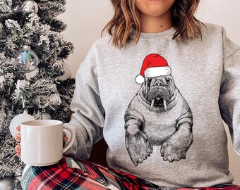 Sweat-shirt de Noël morse, chemise de Noël père Noël morse, pull de Noël animal, cadeaux de Noël pour amoureux des morses