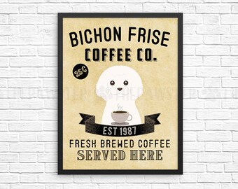 Coffee Wall Decor, Bichon Frise Kitchen Art Print, Dog Coffee Wall Art, Coffee Shop Sign, Vintage Coffee Bar Decor, Dog Kitchen Poster