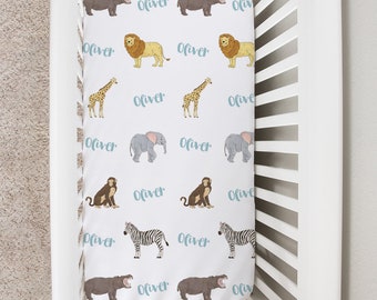 Custom Crib Sheet, Safari Baby Changing Table Cover, Personalized Boy Girl Baby Bedding Sheet, Safari Animal Newborn Baby Shower Gift