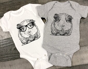 Guinea Pig Baby Bodysuit, Hipster Nerdy Guinea Pig Animal Baby Boy Baby Girl Clothes, One Piece Romper, Guinea Pig Baby Shower Gift