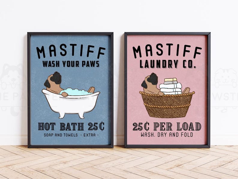Funny English Mastiff Bath or Laundry wall art print, poster, or canvas for Mastiff lovers! This cute dog bathroom and laundry room decor featuring Bull Mastiff art makes a perfect gift for Bullmastiff mom and dog lovers. A great housewarming gift for any English Mastiff lovers.