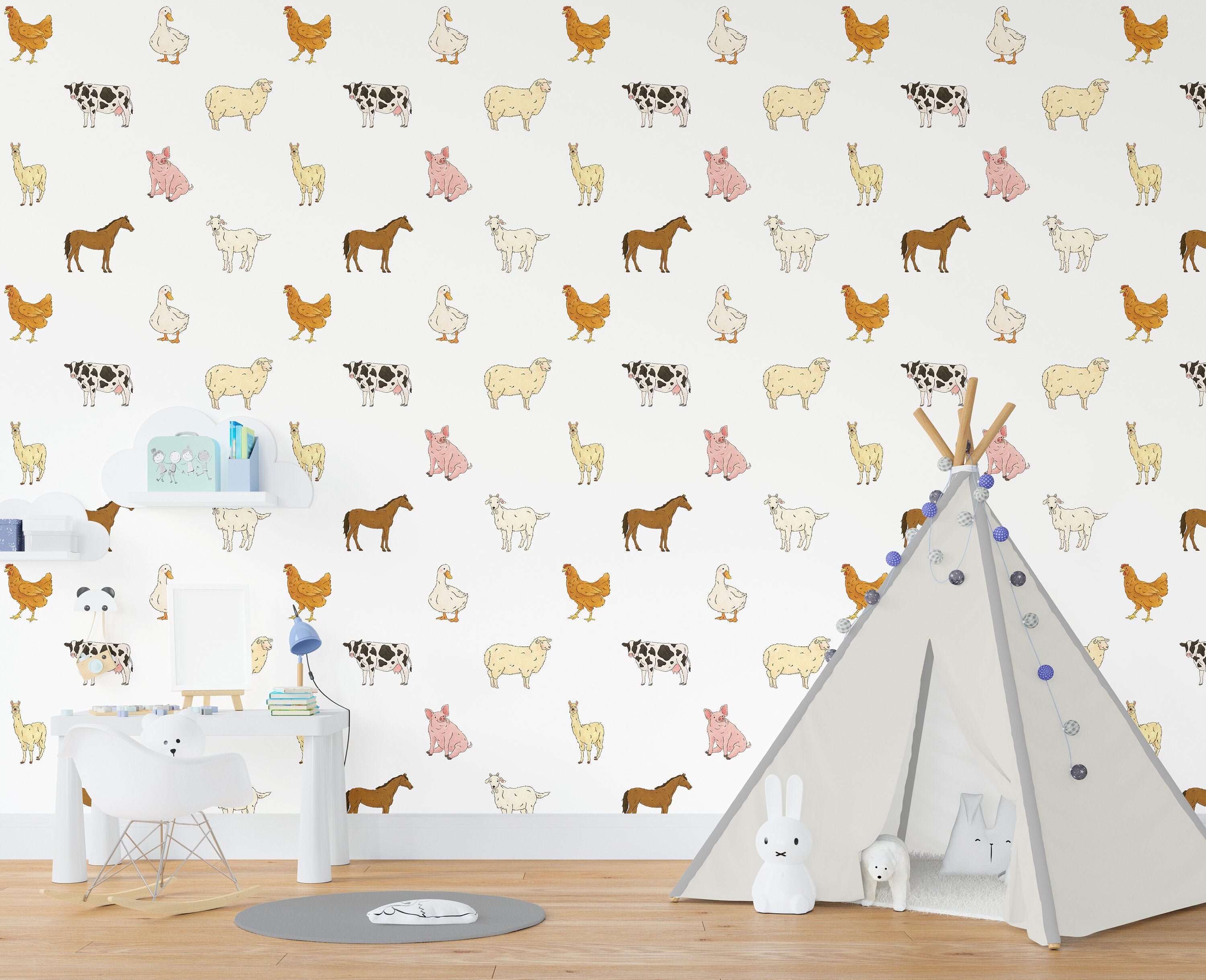 Farm Animal Wallpaper Farm Removable Wall Paper Custom Color Etsy