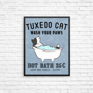 Tuxedo Cat Bathroom Wall Decor, Wash Your Paws Bathroom Art Print, Cat Wall Art, Bathroom Signs, Cat Bath Quote Wall Art, Vintage Poster