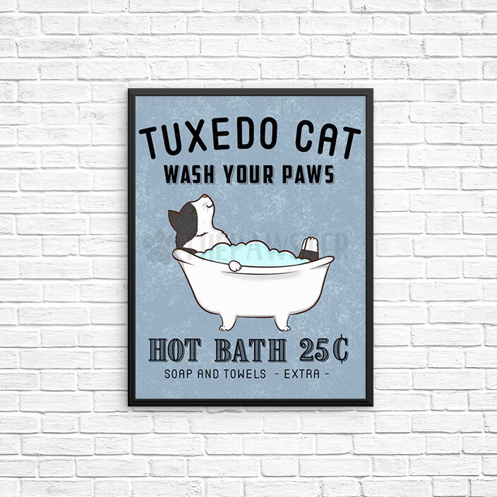 Tuxedo Cat Bathroom Wall Decor Wash Your Paws Bathroom Art Etsy