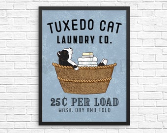 Tuxedo Cat Laundry Sign, Cat Laundry Room Decor, Wash Dry Fold Wall Art Print, Farmhouse Sign, Vintage Poster Laundry Co Wall Decor