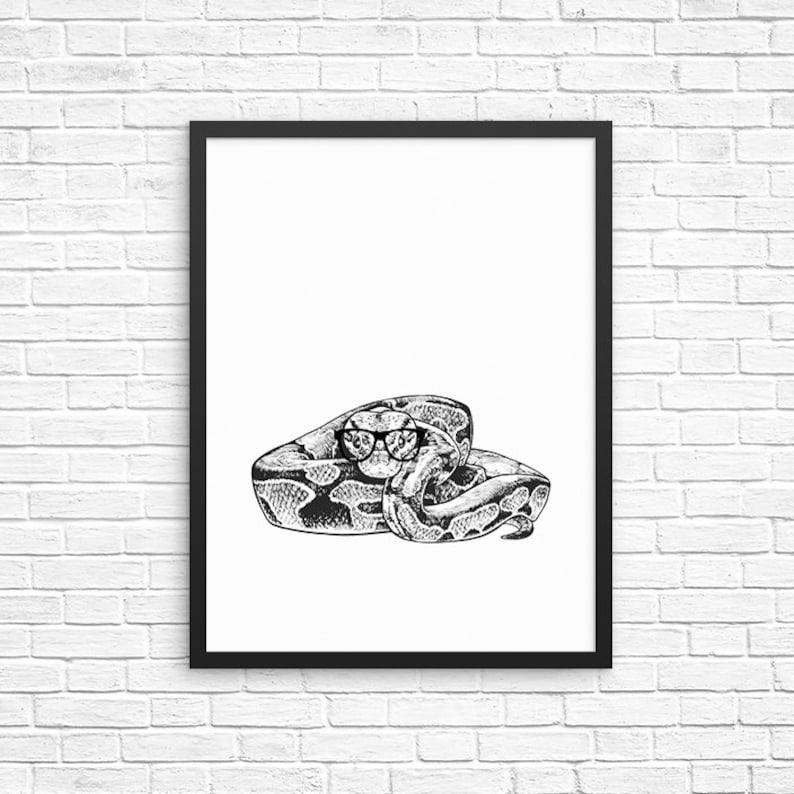 Puede incluir: Ilustraci&oacute;n en blanco y negro de una serpiente con gafas. La serpiente est&aacute; enroscada en una pose relajada.