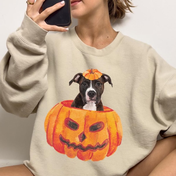 Custom Dog Halloween Shirt, Personalized Dog Portrait Happy Halloween Tshirt, Pumpkin Fall Sweatshirt, Tank, Tee, Spooky Dog Halloween Gift