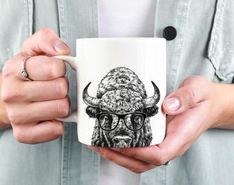 Bison Buffalo Mug, Animal Coffee Mugs, Hipster Nerdy American Bison Coffee Mug 15 oz 11 oz, Bison Buffalo Lover Gifts Cup, Glass