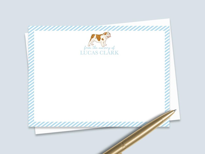 Custom Dog Baby Thank You Card featuring personalized baby name and dog breed art. Great for baby shower thank you note cards, with envelope in a baby notecard set.