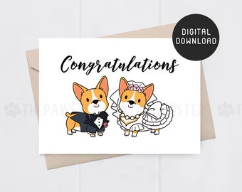 Felicitaciones de tarjeta de boda IMPRIMIBLE, tarjeta de recién casado Corgi, tarjeta de novia y novio de Corgi perro, tarjeta de compromiso, regalo del día de la boda