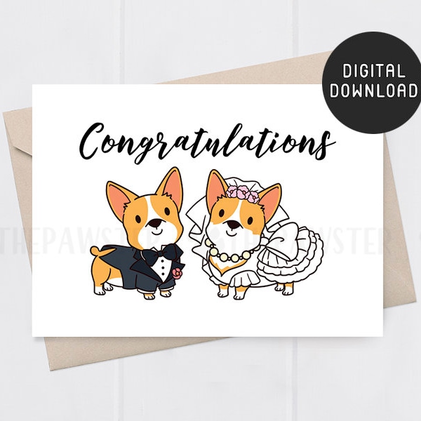 PRINTABLE Wedding Card Congratulations, Corgi Newlywed Card, Dog Corgi Bride and Groom Card, Engagement Card, Wedding Day Gift