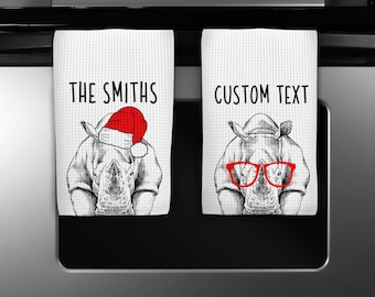 Rhino Kitchen Towel, Christmas Tea Towel, Funny Rhinoceros Animal Hand Towels, Custom Waffle Weave Towel, Personalized Housewarming Gift