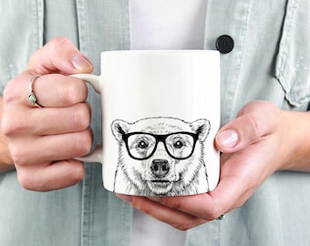 Polar Bear Mug, Arctic animal Coffee Mugs, Hipster Nerdy Polar Bear Coffee Mug 15 oz 11 oz, Polar Bear Lover Gifts Cup, Glass