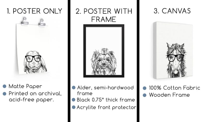 Puede incluir: Tres opciones diferentes para mostrar una ilustraci&oacute;n en blanco y negro de un animal con gafas. La primera opci&oacute;n es un p&oacute;ster impreso en papel de archivo sin &aacute;cido. La segunda opci&oacute;n es un p&oacute;ster con un marco de madera de aliso negro. La tercera opci&oacute;n es una impresi&oacute;n en lienzo con un marco de madera.