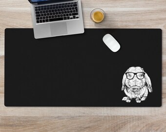Rabbit Large Desk Mat, Animal Mousepad, Black Desk Pad, Mouse Pad or Keyboard Wrist Rest, Rabbit Mom Gifts, Office Desk Decor Gift