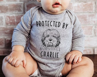 Protected by Dog Baby Bodysuit, Protected by an Old English Sheepdog Baby Clothes Tshirt, Bobtail Dog Baby Shower Gift, Baby Announcement