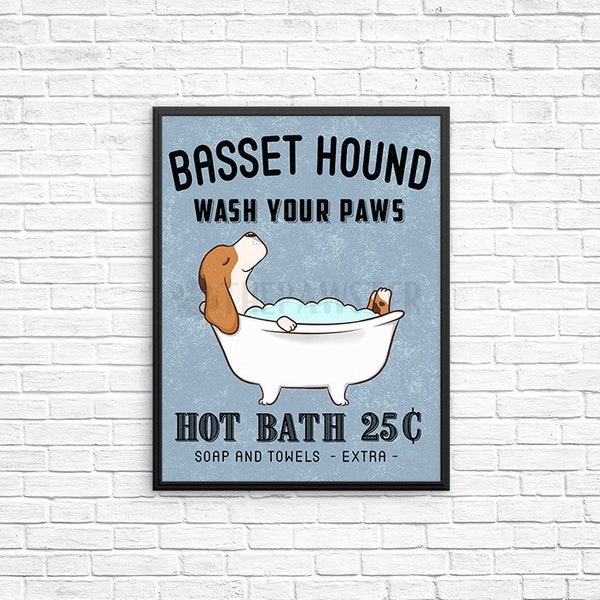 Basset Hound Bathroom Wall Decor, Dog Wash Your Paws Bathroom Art Print, Wall Art, Bathroom Signs, Dog Bath Quote Wall Art, Vintage Poster