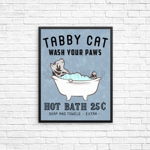 Grey Tabby Cat Bathroom Wall Decor, Wash Your Paws Bathroom Art Print, Cat Wall Art, Bathroom Signs, Cat Bath Quote Wall Art, Vintage Poster