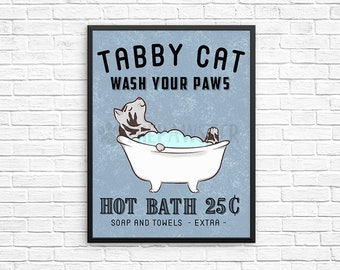 Grey Tabby Cat Bathroom Wall Decor, Wash Your Paws Bathroom Art Print, Cat Wall Art, Bathroom Signs, Cat Bath Quote Wall Art, Vintage Poster