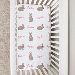 Custom Crib Sheet, Rabbit Baby Changing Table Cover, Personalized Boy Girl Baby Bedding Sheet, Bunny Animal Newborn Baby Shower Gift