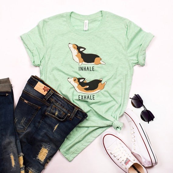 Womens Inhale Exhale Yoga Tri Color Corgi Tshirt Womens Inhale Exhale Yoga Tri Color Corgi Tshirt