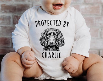 Protected by Dog Baby Bodysuit, Protected by a Boykin Spaniel Baby Clothes, Dog Baby Shower Gift, Baby Announcement, Toddler Kids T Shirt