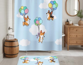 Balloon Corgi Decor, Corgi Shower Curtain, Bath Mat, Funny Dog Bathroom Decor, Dog Housewarming Gift, Pembroke Welsh Corgi Mom Gift