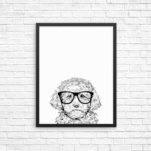 May include: Black and white line art illustration of a poodle wearing glasses. The poodle is looking directly at the viewer.