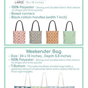 May include: Three tote bags with a dog pattern in pink, gray, and light blue. The bags are available in three sizes: small (13 x 13 inches), medium (16 x 16 inches), and large (18 x 18 inches). The bags are made of 100% polyester and have black cotton handles. Three weekender bags with a dog pattern in blue, light green, and light blue. The bags are 24 x 13 inches with a depth of 5.5 inches. The bags are made of 100% polyester and have thick rope handles.