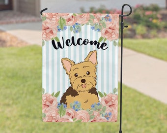 Yorkshire Terrier Garden Flag, Spring Garden Flags, Yorkie Dog House Flag, Floral Porch Yard Decor, Welcome Sign Farm Outdoor Decoration