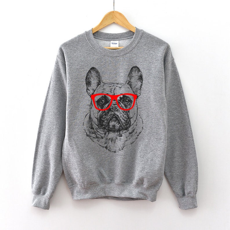 French Bulldog Sweatshirt, Hipster Frenchie Dog Hoodie, Glasses Nerdy Dog Unisex Crewneck Sweatshirts, Sweater, Frenchie Mom Gift image 1