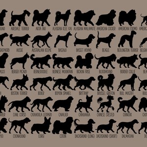 May include: A chart of 40 different dog breeds, each represented by a black silhouette. The breeds are listed in alphabetical order below each silhouette.