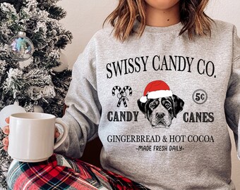 Sweat-shirt de Noël suisse, père Noël rétro pull de Noël bonbon co chemise t-shirt de Noël canne en bonbon pôle Nord grand bouvier suisse cadeau