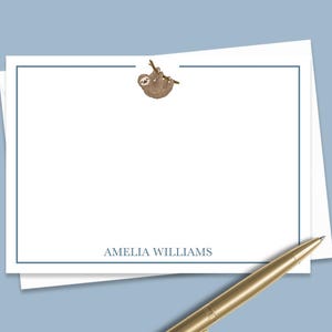 Custom Sloth Note Cards Gift, Personalized Animal Notecard Set, Stationery Set, Cute Sloth Thank You Flat Note Card Set with Envelope