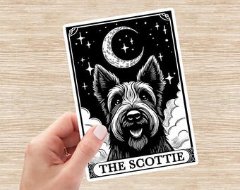 Pegatina de vinilo con diseño de carta del tarot del terrier escocés, calcomanía de Scottie, regalo para amantes de los perros.