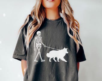 Border Collie Halloween Shirt, Skeleton Walking Dog Comfort Colors Tshirt, Dog Ghost Halloween Sweatshirt Tee, Border Collie Spooky Dog Gift