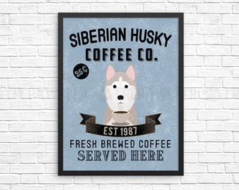 Coffee Wall Decor, Gray Siberian Husky Kitchen Art Print, Dog Coffee Wall Art, Coffee Shop Sign, Vintage Coffee Bar Decor, Kitchen Poster