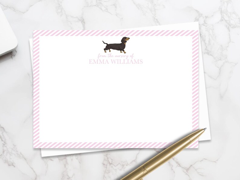 Custom Dog Baby Thank You Card featuring personalized baby name and dog breed art. Great for baby shower thank you note cards, with envelope in a baby notecard set.