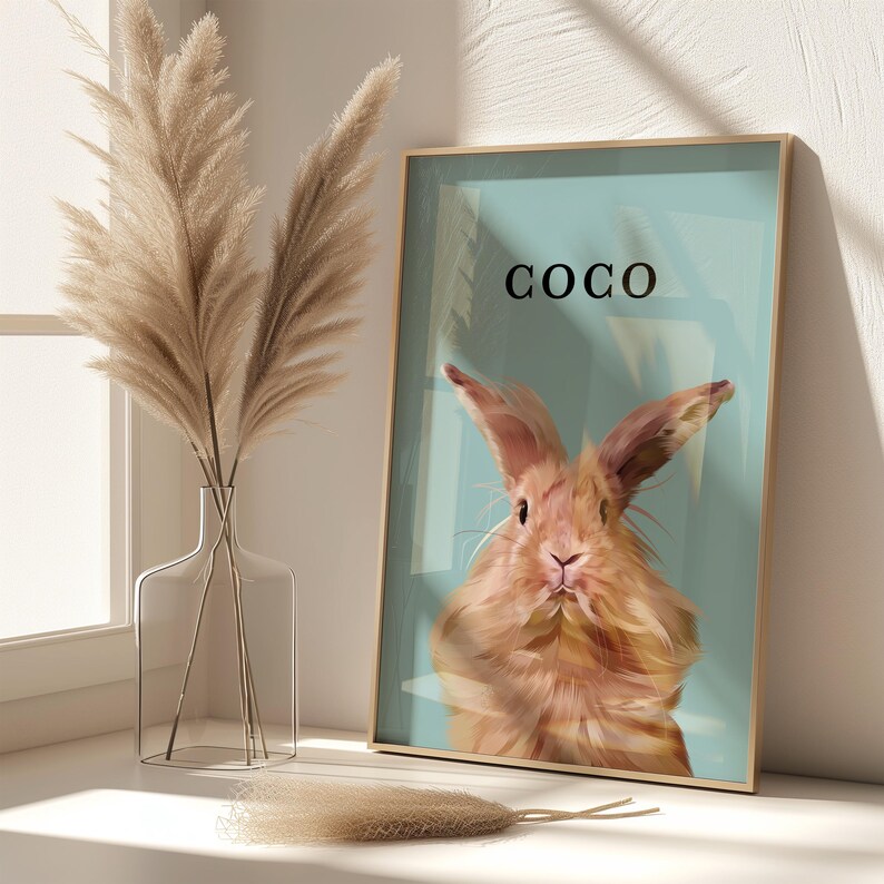 Custom Rabbit Portrait Painting wall art with custom Rabbit name and Bunny drawing art print, perfect Rabbit lover gift or Rabbit memorial gift for Bunny mom and Rabbit dad. This pet portrait art is available in poster, framed and canvas.