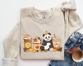 Panda Fall Sweatshirt, Cute Panda Bear Pumpkin Sweater, Pumpkin Spice Iced Coffee Halloween Gift, Fall Vibes Shirt, Panda Thanksgiving Shirt