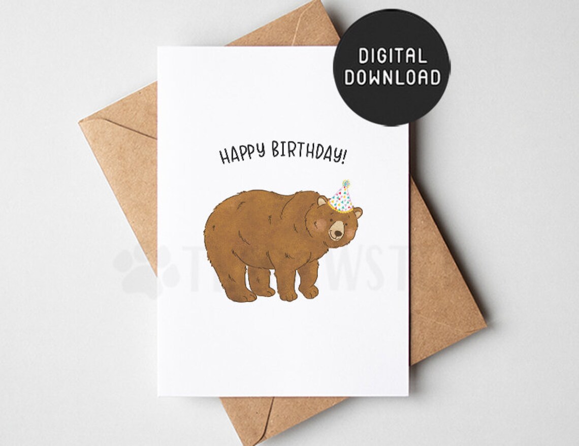 PRINTABLE Grizzly Bear Birthday Card Woodland Animal Happy - Etsy