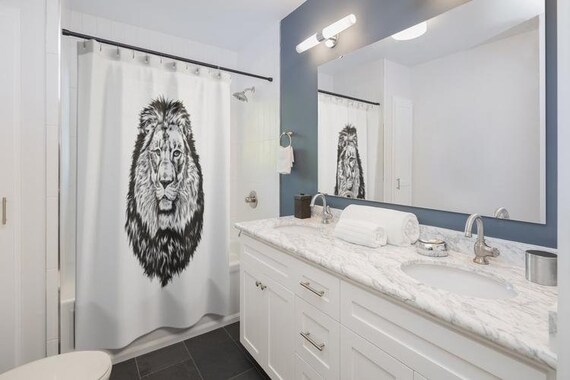 Animal Shower Curtain Lion and Hipster Glasses Print for Bathroom 