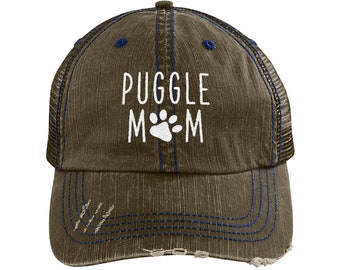 Puggle Mom Distressed Hat, Dog Mom Embroidered Baseball Hats, Dog Lover Camo Dad Hat, Fur Mama Women Cap, Rescue Dog Mom Gift, Puggle Hat
