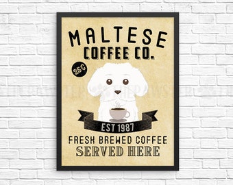 Coffee Wall Decor, Maltese Kitchen Art Print, Dog Coffee Wall Art, Coffee Shop Sign, Vintage Coffee Bar Decor, Dog Kitchen Poster