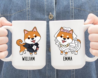 Personalized Bride and Groom Mugs, Custom Shiba Inu Dog Mug, Newlywed Gift, Engagement Gifts for Couple, Wedding Gift for Bride