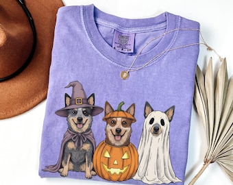 Funny Blue Heeler Halloween Shirt, Retro Pumpkin Witch Ghost Australian Cattle Dog Comfort Colors Tshirt, Spooky Dog Lover Gift
