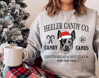Sweat-shirt de Noël bleu à talons, pull de Noël rétro père Noël bouvier australien, bonbon co-shirt de Noël canne en bonbon, cadeaux de Noël rouge à talon