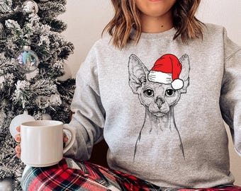Sweat de Noël chat Sphynx, chemise de Noël père Noël chat chauve, pull de Noël maman chat, cadeaux de Noël pour amoureux des chats Sphynx