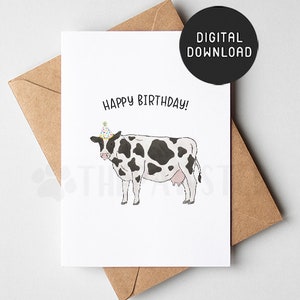 Carte d'anniversaire vache imprimable, carte de joyeux anniversaire animaux de ferme, cartes d'anniversaire mignonnes pour garçons, filles, agriculteur, cadeau de maman vache