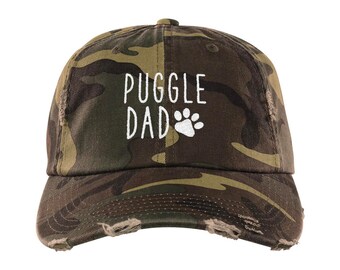 Puggle Dad Distressed Hat, Dog Dad Embroidered Baseball Hats, Dog Lover Camo Dad Hat, Gift for men, gift for dad